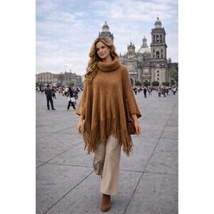 Camel Fringe Turtleneck Poncho Sweater Women OS Cozy Knit Wrap‎